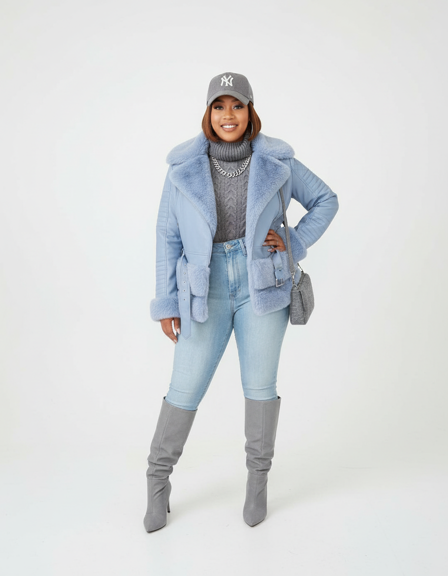 Ice Queen Faux Fur Moto Jacket – Baby Blue Luxe Edition